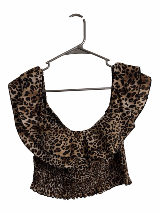 Zilingo Tops - Leopard-Print Ruffle Smocked Crop Top - Brown Size L
